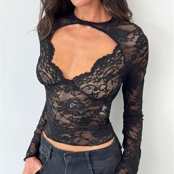 Whimsy Goth Y2K Floral Lace Sheer Long Sleeve Cutout Top - Picture 1 of 6